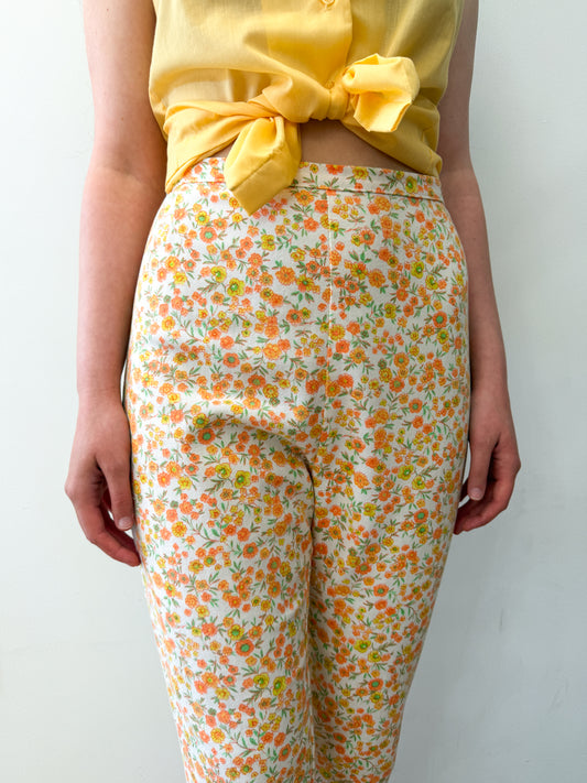 1960s Vintage U.S.A Made High-Waisted Floral Cotton Pencil Pants