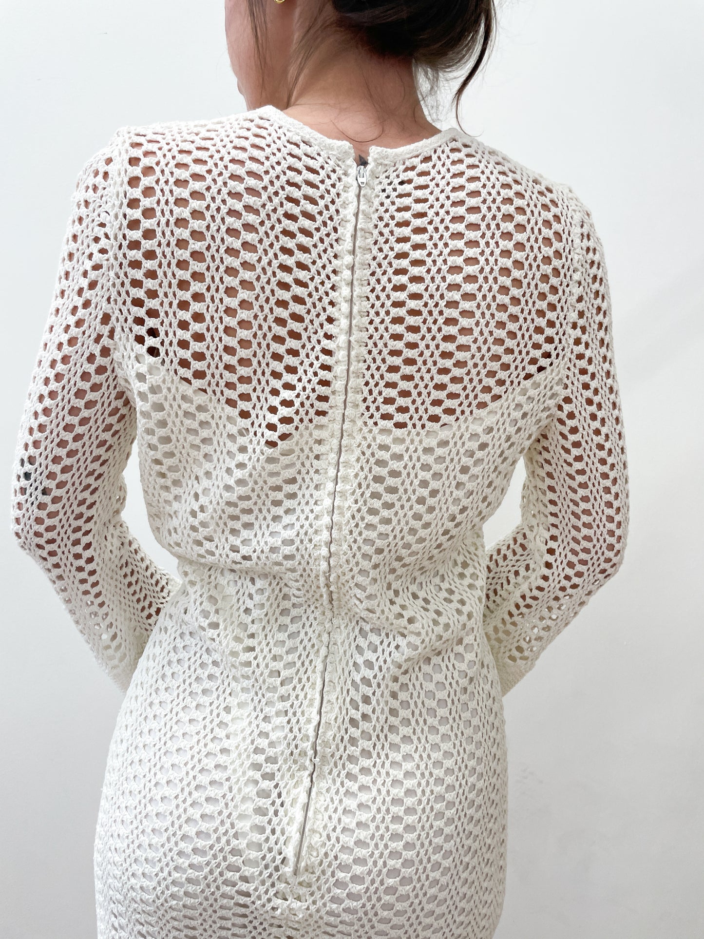 1970's Vintage White Crochet Dress with Bell Sleeves