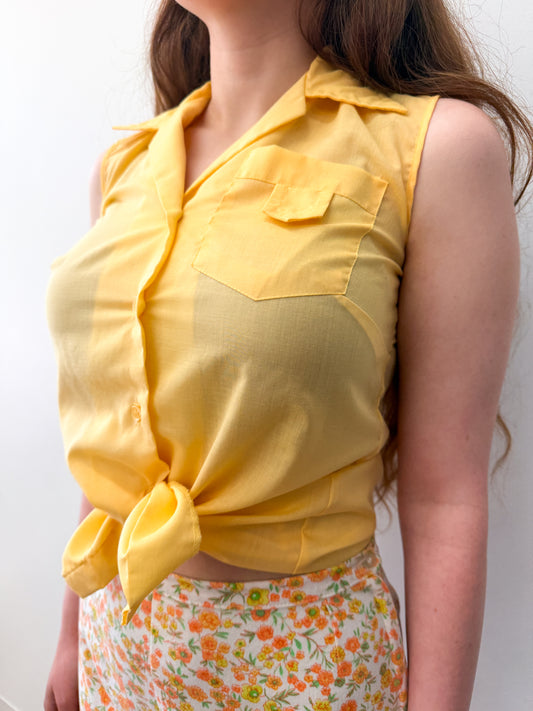1980s Vintage Sheer Butter Yellow Sleeveless Double Pocket Button Up Top