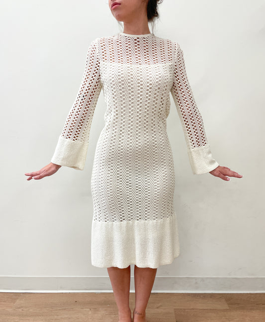 1970's Vintage White Crochet Dress with Bell Sleeves