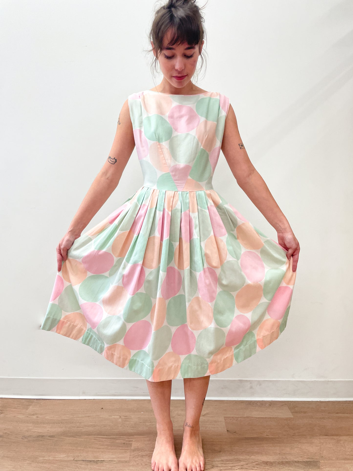 1950's Vintage Pastel Polka Dot Fit and Flare Dress