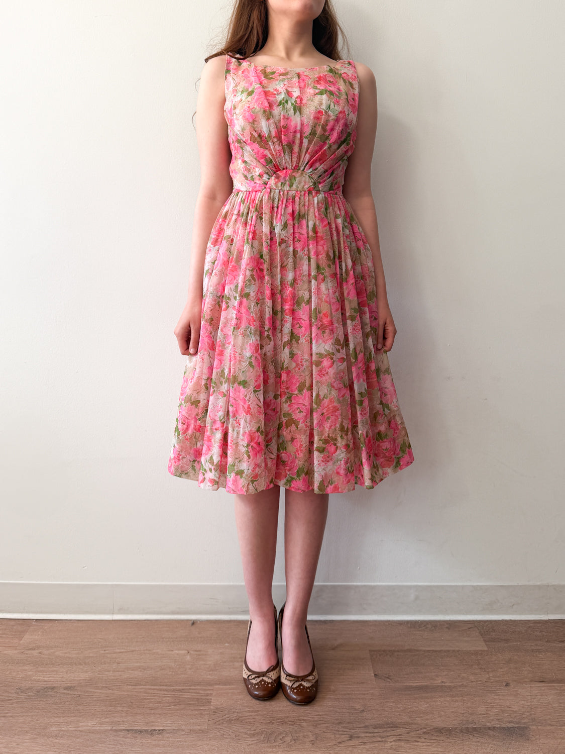 1950s Vintage Spring Eternal Pink Floral Pleated Party Dress