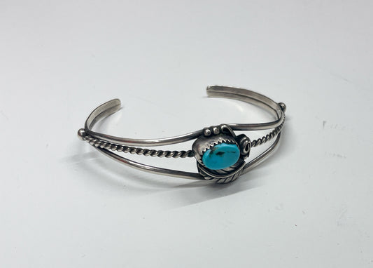 1970s Vintage Sterling and Turquoise Natural Stone Feather Cuff Bracelet