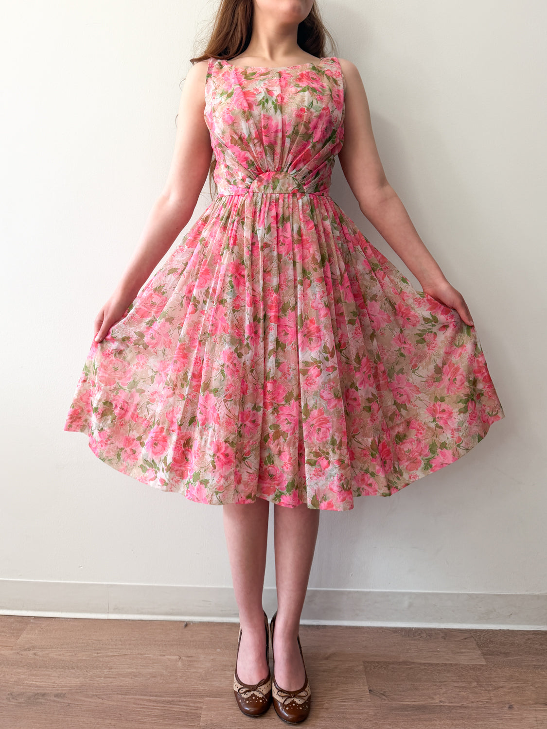 1950s Vintage Spring Eternal Pink Floral Pleated Party Dress
