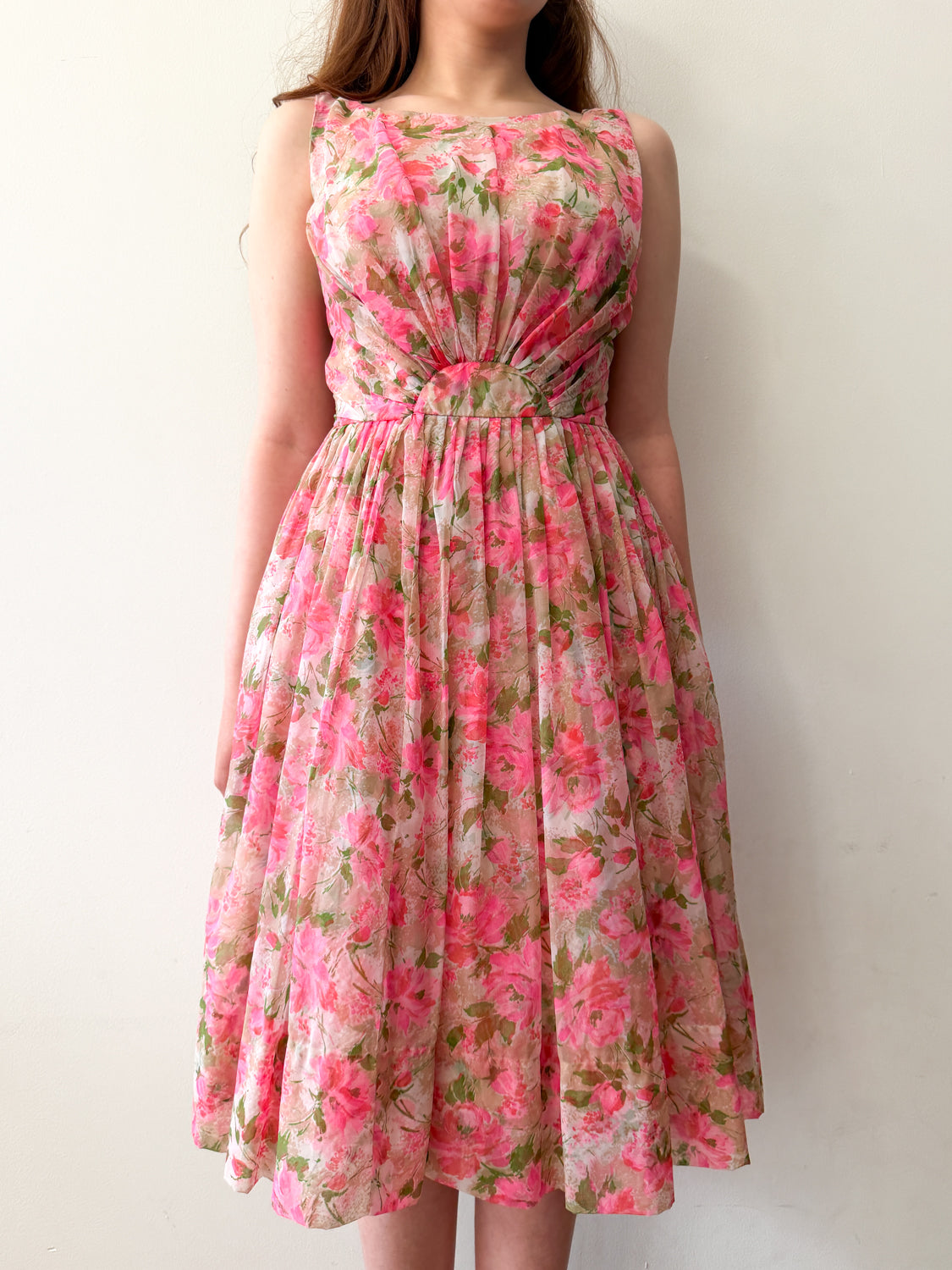 1950s Vintage Spring Eternal Pink Floral Pleated Party Dress
