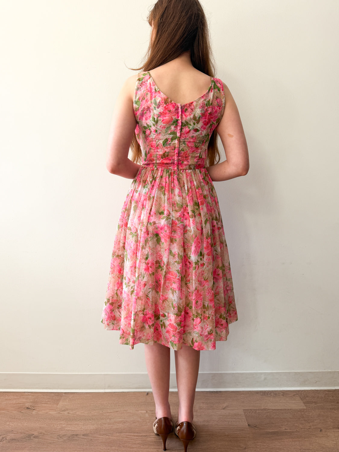 1950s Vintage Spring Eternal Pink Floral Pleated Party Dress