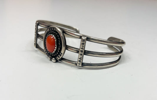 1970s Vintage Sterling and Coral Horseshoe Cuff