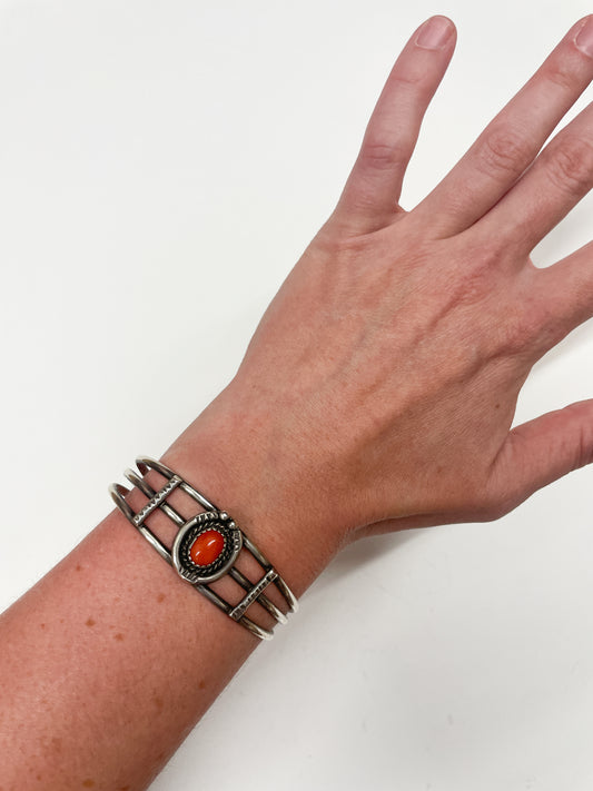 1970s Vintage Sterling and Coral Horseshoe Cuff