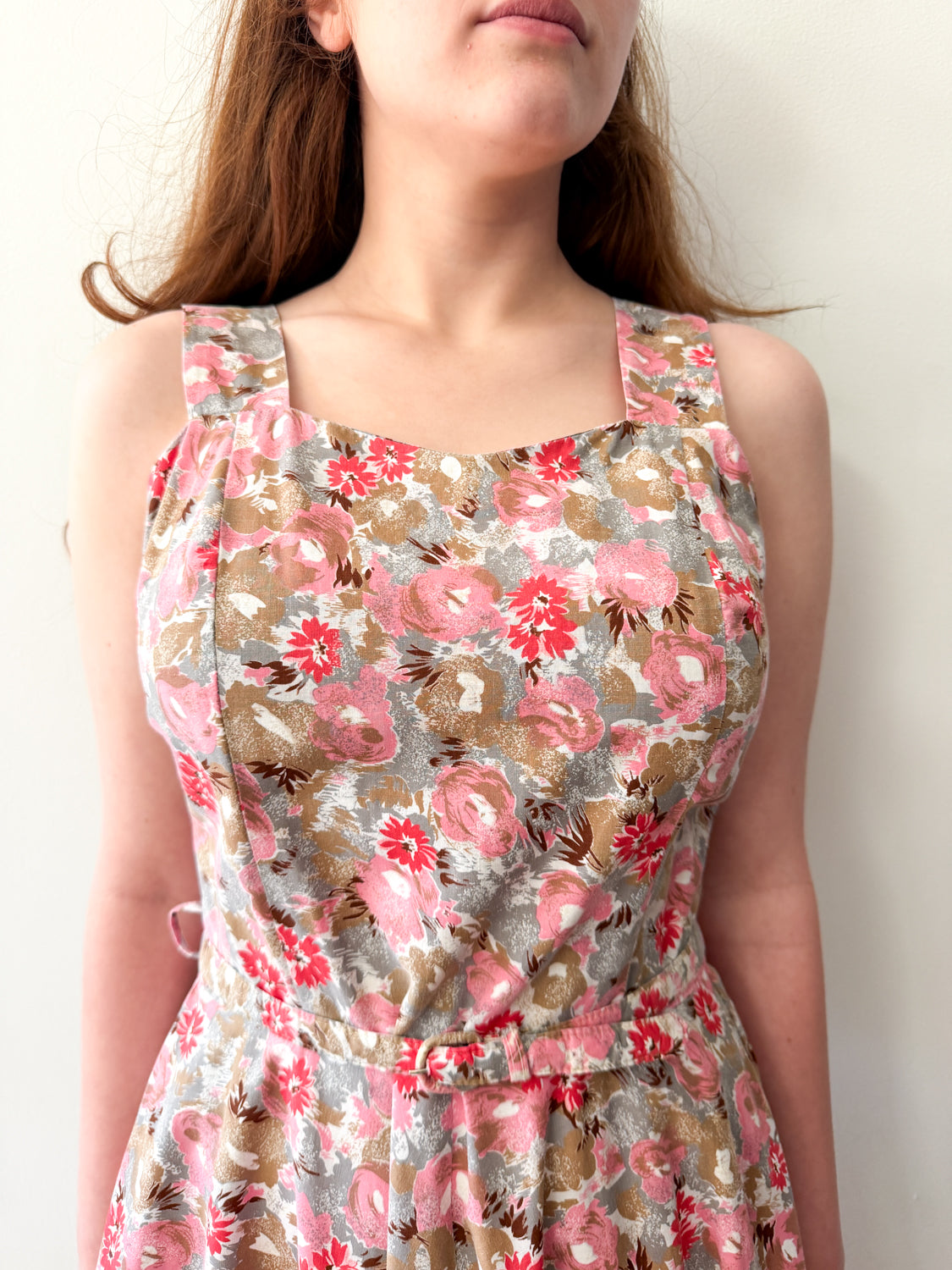 1950s Vintage Pink and Grey Floral Fit and Flare Cotton Sun Dress