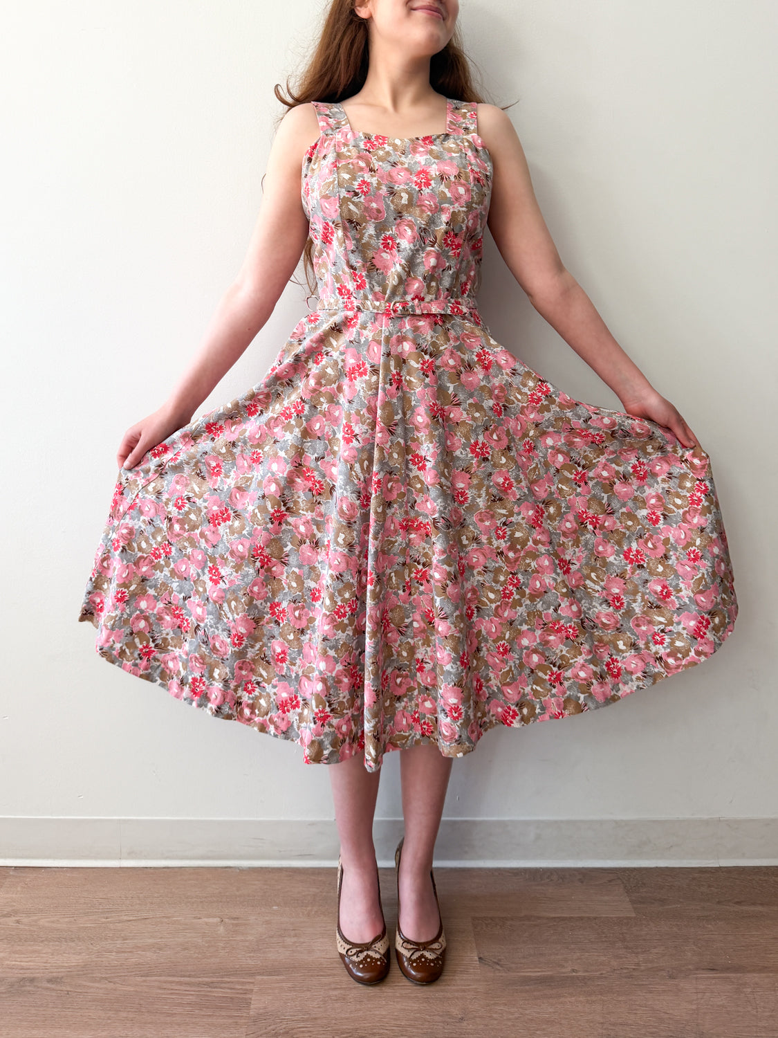 1950s Vintage Pink and Grey Floral Fit and Flare Cotton Sun Dress