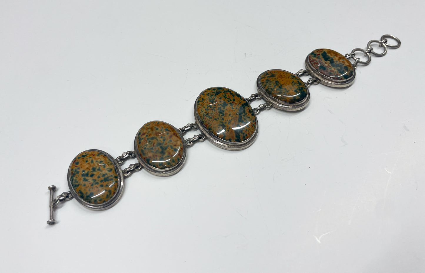1970s Vintage Sterling and Jasper 5 Ovals Bracelet