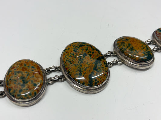 1970s Vintage Sterling and Jasper 5 Ovals Bracelet