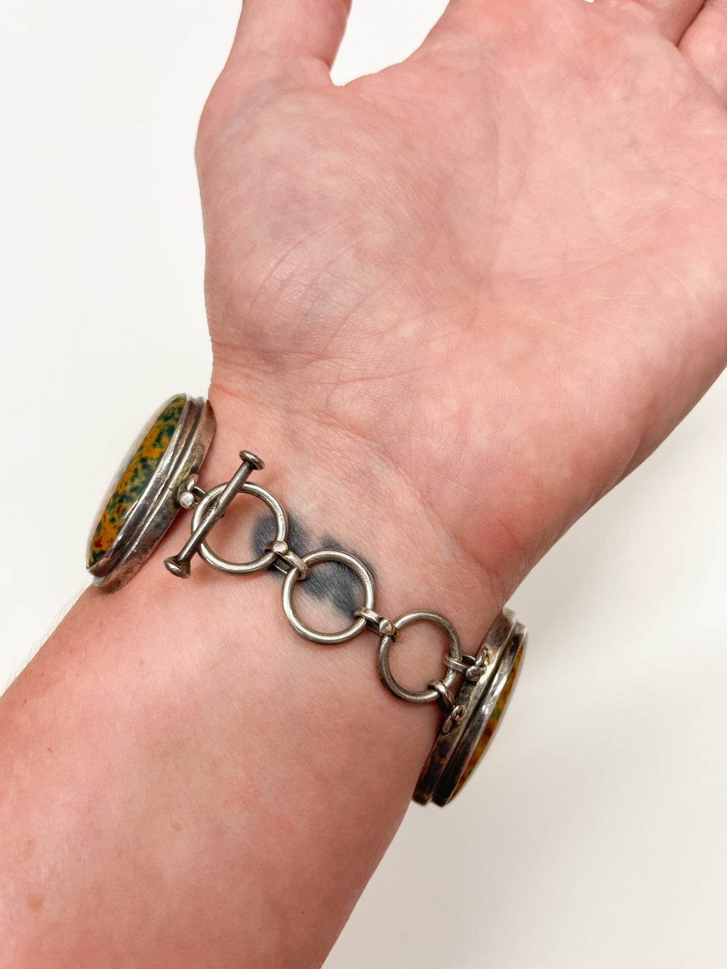 1970s Vintage Sterling and Jasper 5 Ovals Bracelet