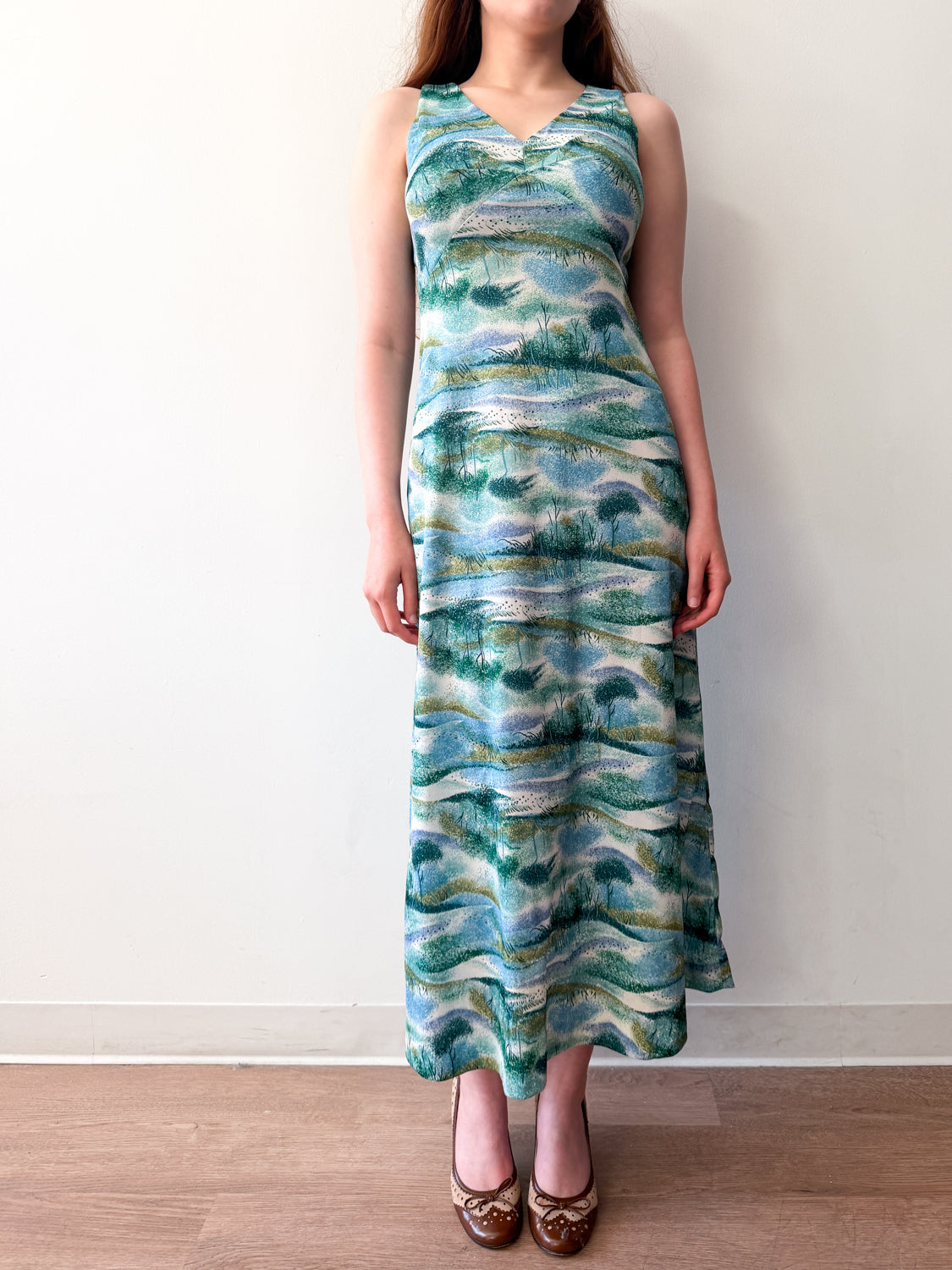 1970s Vintage Trees and Reeds Maxi Summer Dress