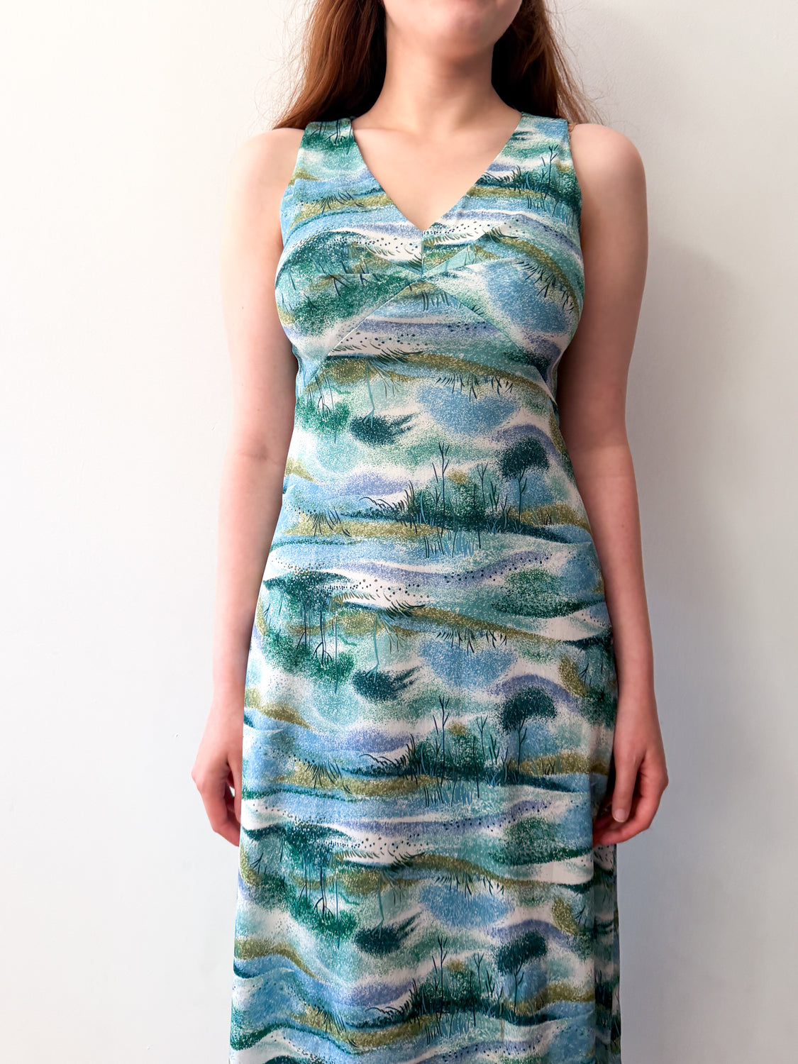 1970s Vintage Trees and Reeds Maxi Summer Dress