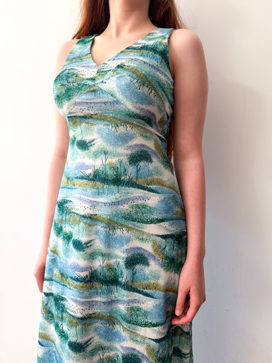 1970s Vintage Trees and Reeds Maxi Summer Dress