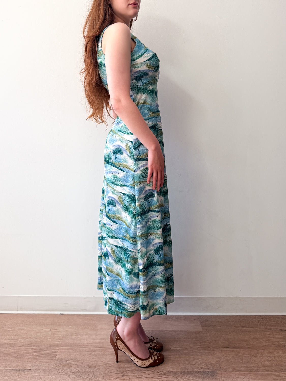 1970s Vintage Trees and Reeds Maxi Summer Dress