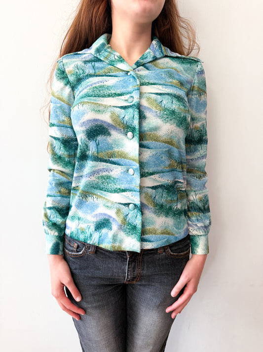 1970s Vintage Trees and Reeds Button Up Blouse
