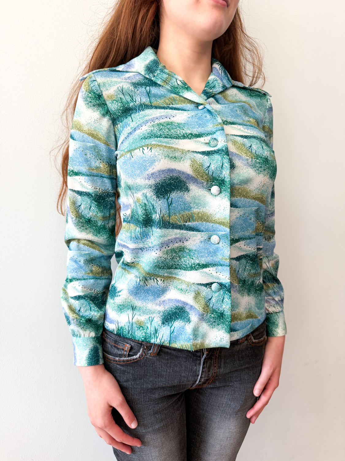 1970s Vintage Trees and Reeds Button Up Blouse