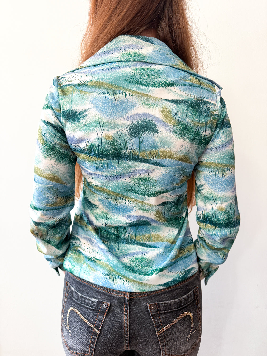 1970s Vintage Trees and Reeds Button Up Blouse