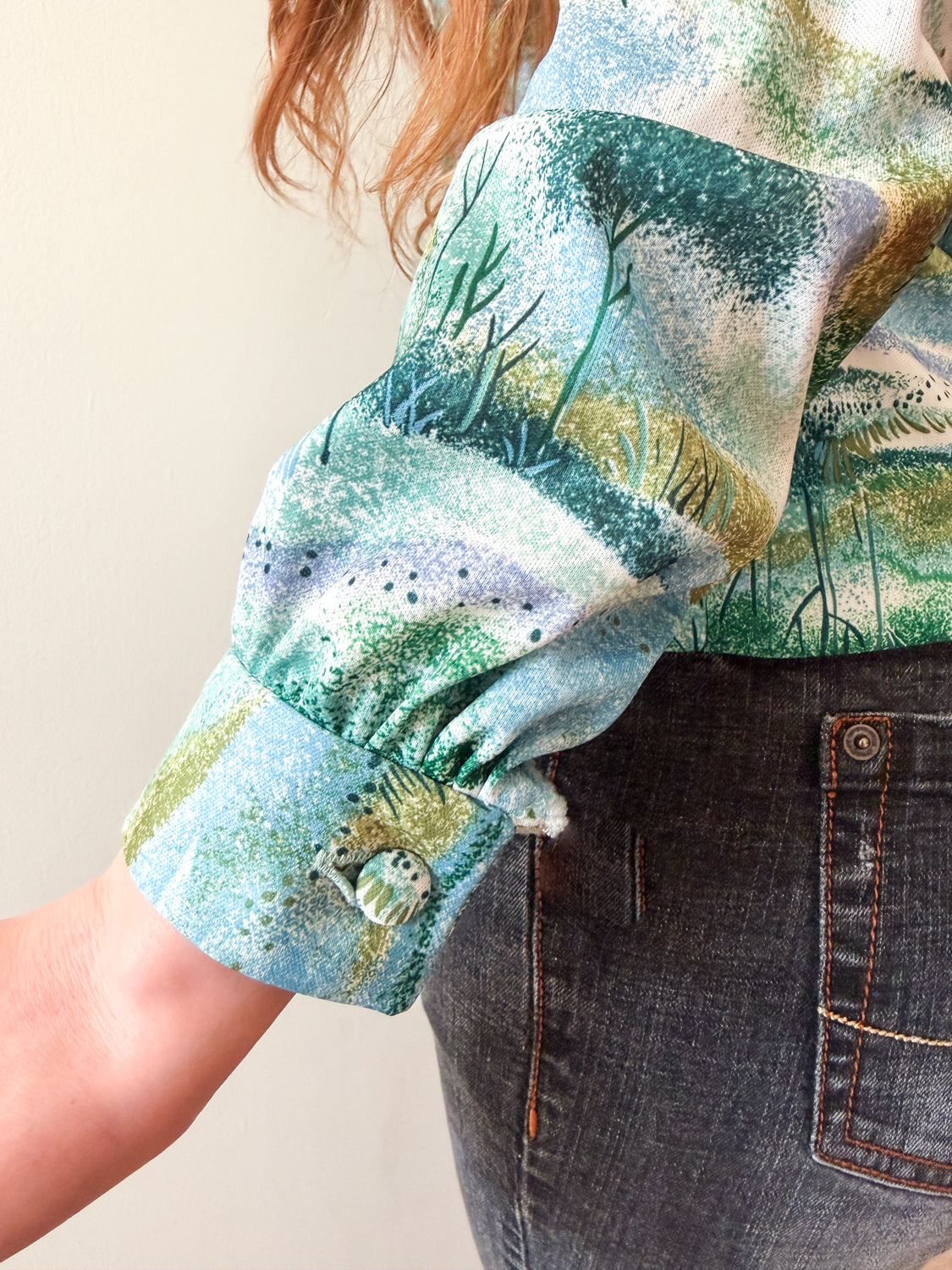 1970s Vintage Trees and Reeds Button Up Blouse