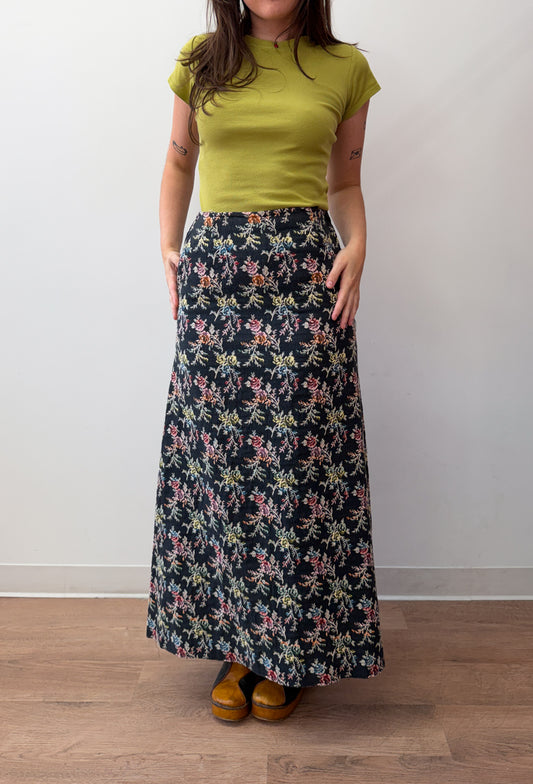1970s Vintage Dark Floral Tapestry Maxi Skirt