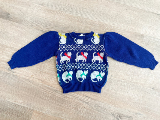 1980s Vintage Kitty Cats with Bows and Scarves Puff Sleeve Toddler Kids Knit Sweater