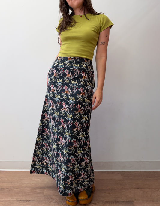 1970s Vintage Dark Floral Tapestry Maxi Skirt