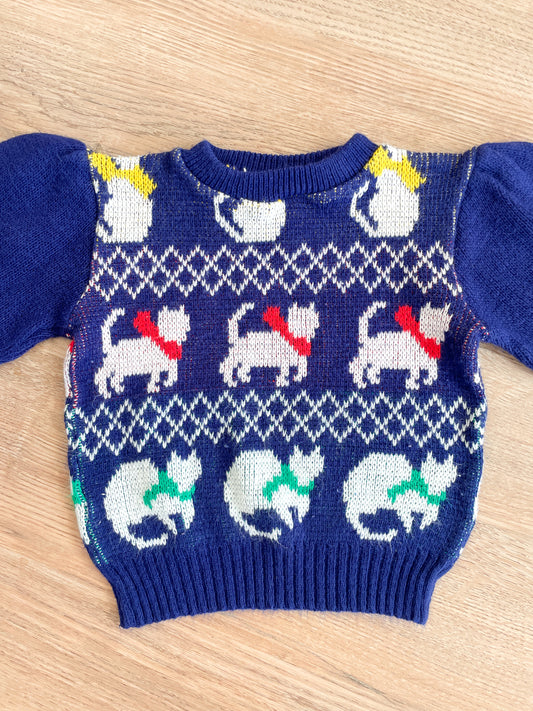 1980s Vintage Kitty Cats with Bows and Scarves Puff Sleeve Toddler Kids Knit Sweater