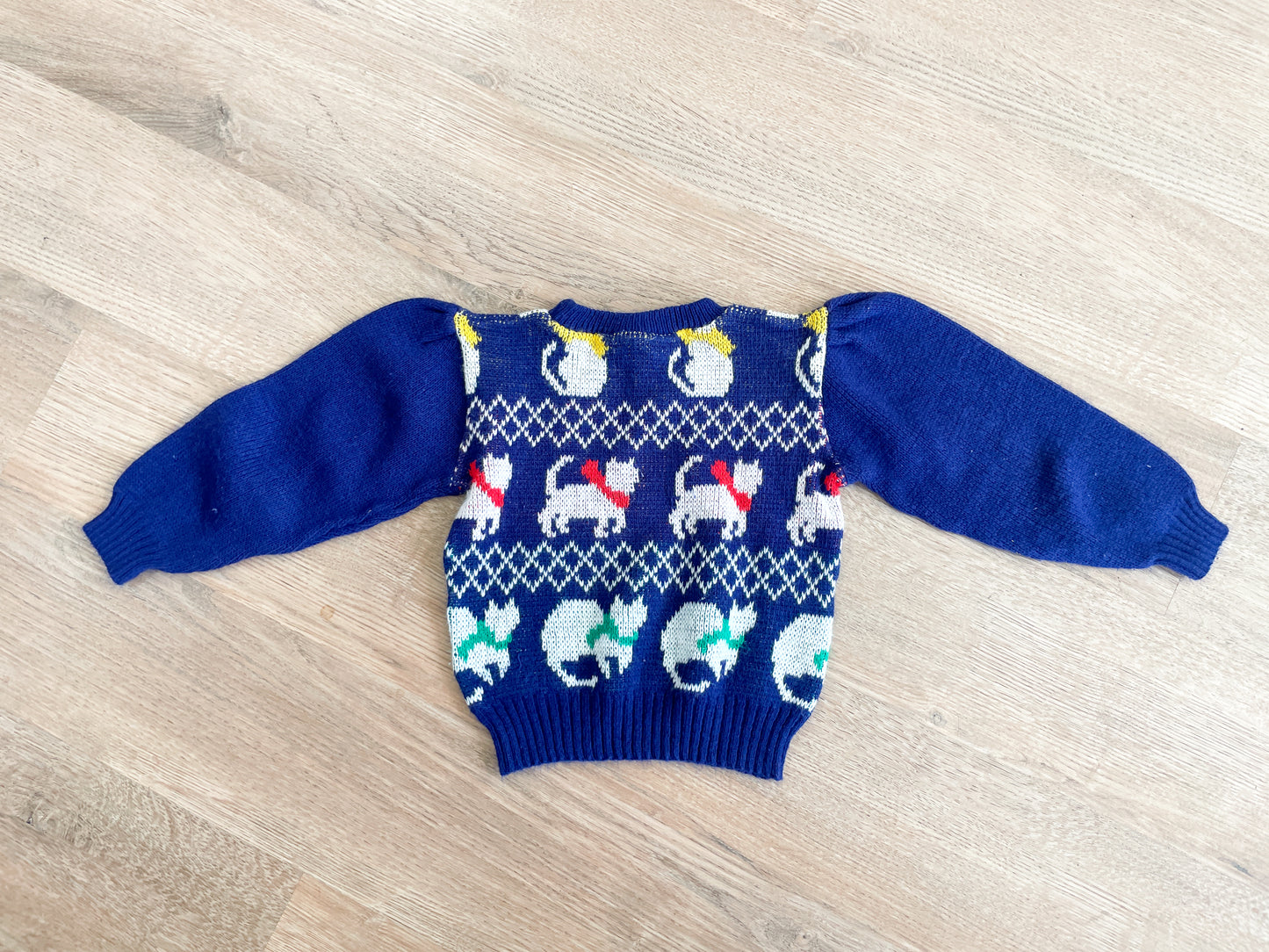 1980s Vintage Kitty Cats with Bows and Scarves Puff Sleeve Toddler Kids Knit Sweater