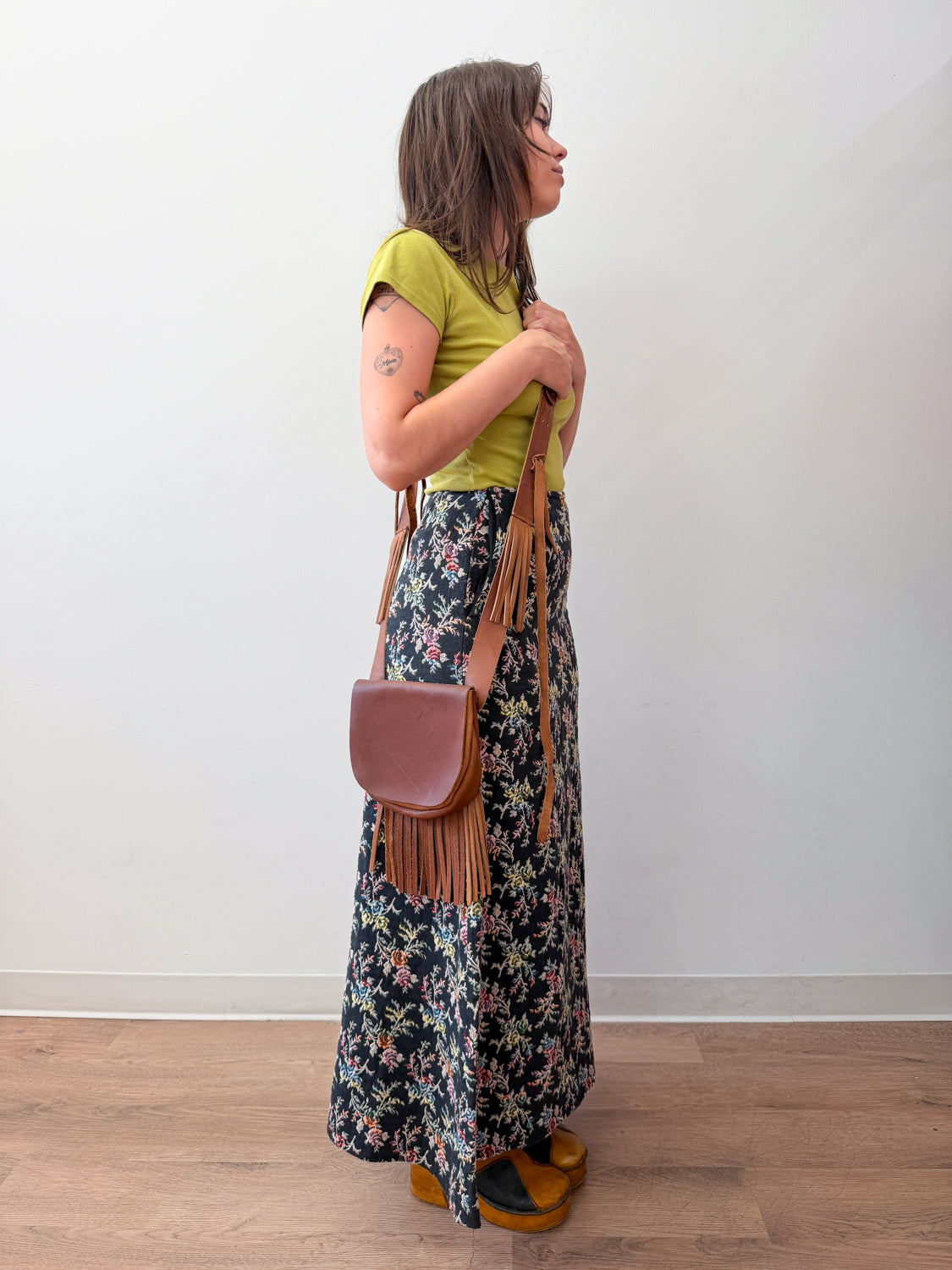1970s Vintage Handmade Dark Brown Leather Fringe Crossbody Purse