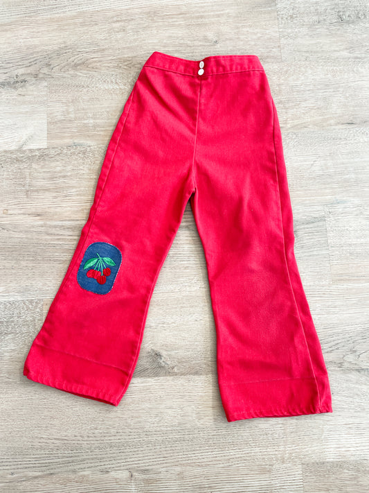 1970s Vintage Red Cherry Knee Patch Kids Bellbottom Pants