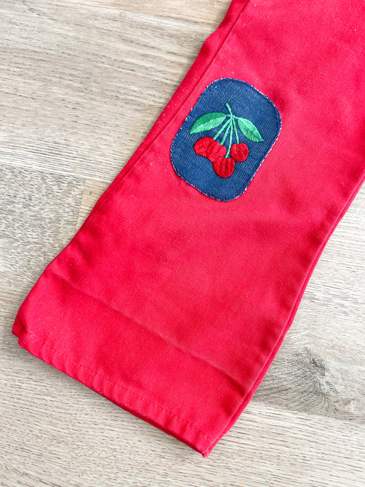 1970s Vintage Red Cherry Knee Patch Kids Bellbottom Pants