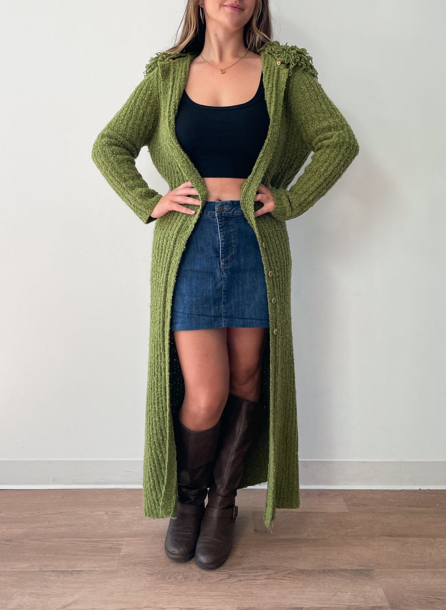 1990s Vintage Shaggy Olive Yarn Loop Funky Maxi Cardigan