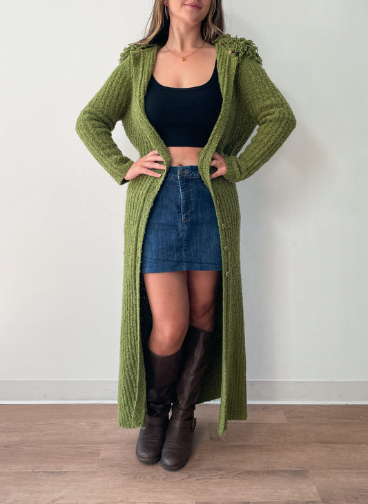 1990s Vintage Shaggy Olive Yarn Loop Funky Maxi Cardigan