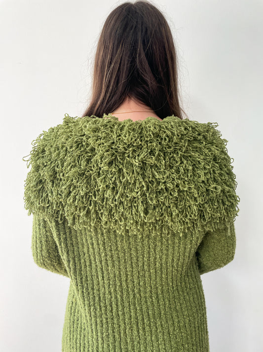 1990s Vintage Shaggy Olive Yarn Loop Funky Maxi Cardigan