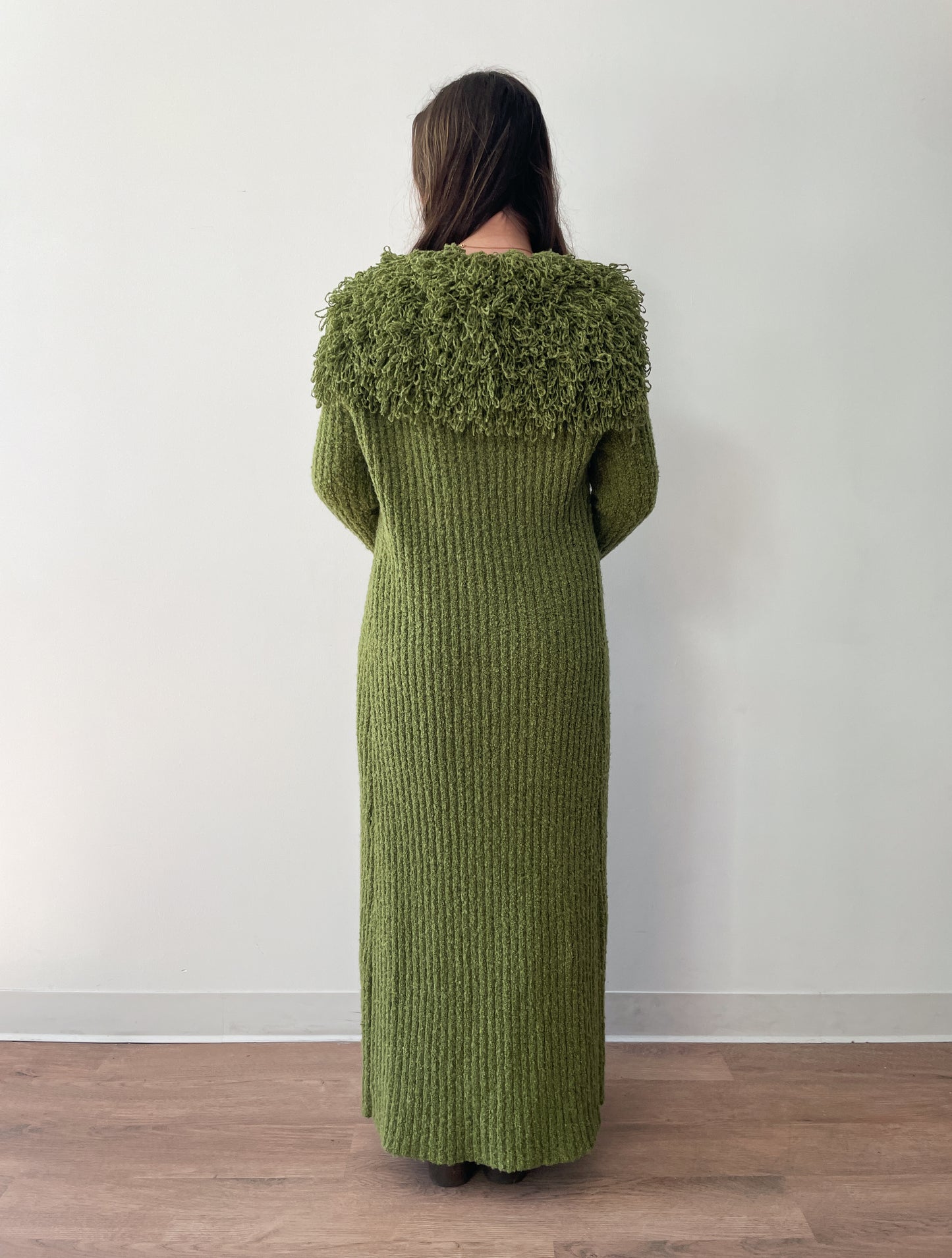 1990s Vintage Shaggy Olive Yarn Loop Funky Maxi Cardigan