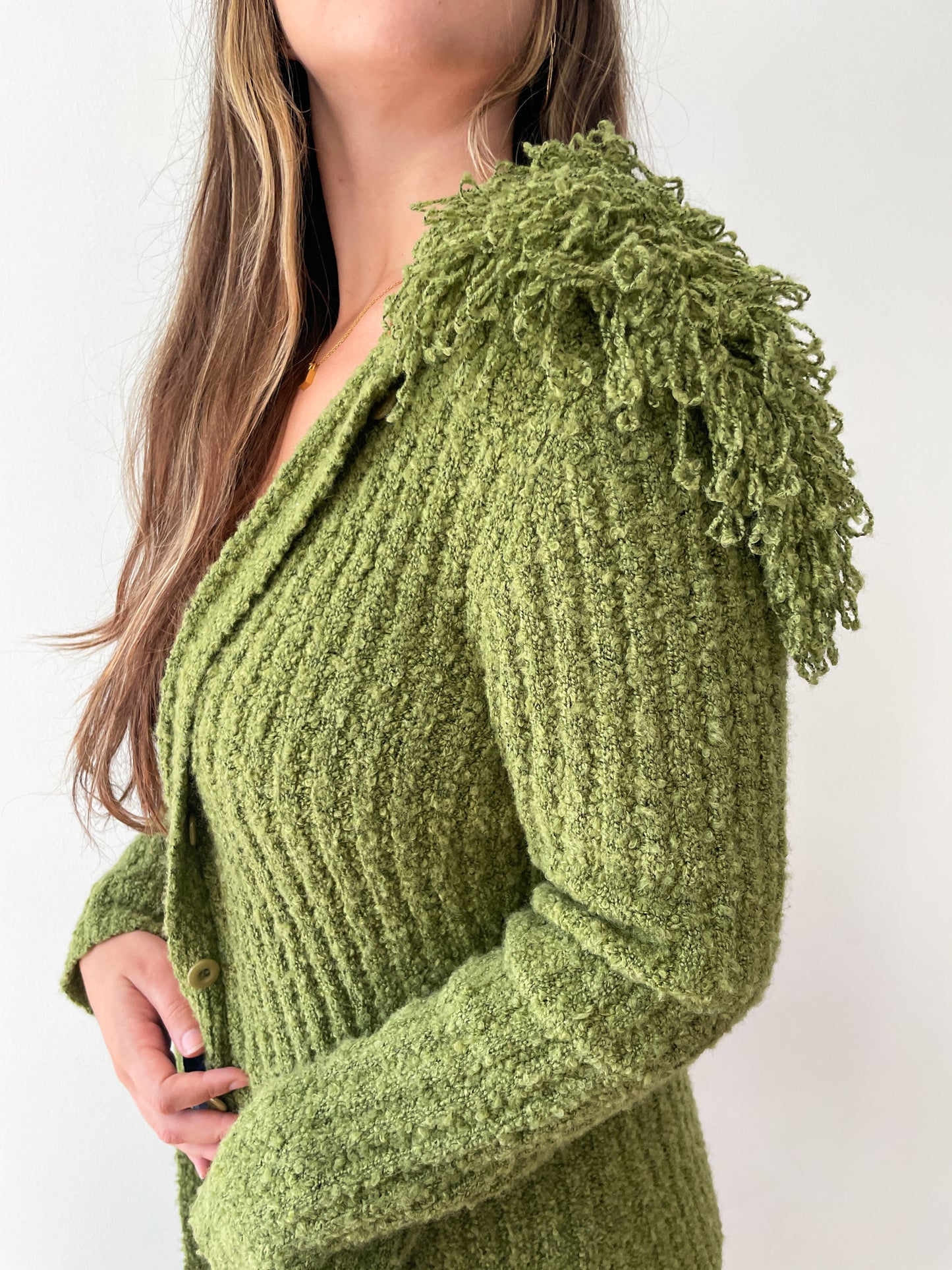 1990s Vintage Shaggy Olive Yarn Loop Funky Maxi Cardigan