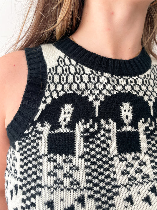 1970s Vintage Black & Cream Ladies Novelty Knit Sweater Vest
