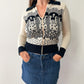 1970s Vintage Black and Cream Novelty Ladies Knit Zip Up Sweater