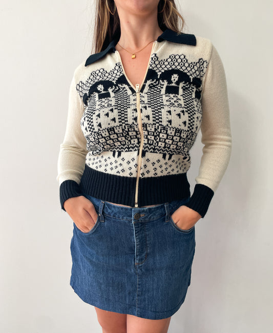 1970s Vintage Black and Cream Novelty Ladies Knit Zip Up Sweater