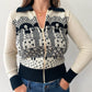 1970s Vintage Black and Cream Novelty Ladies Knit Zip Up Sweater