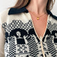 1970s Vintage Black and Cream Novelty Ladies Knit Zip Up Sweater