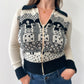 1970s Vintage Black and Cream Novelty Ladies Knit Zip Up Sweater