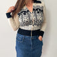 1970s Vintage Black and Cream Novelty Ladies Knit Zip Up Sweater