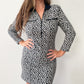 1990s Vintage Black & White Knit Spotted Cat Animal Print Dress w Zippers