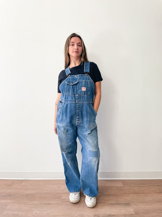 1930s - 1940s Vintage Pioneer Denim Patched Up Thrashed Overalls