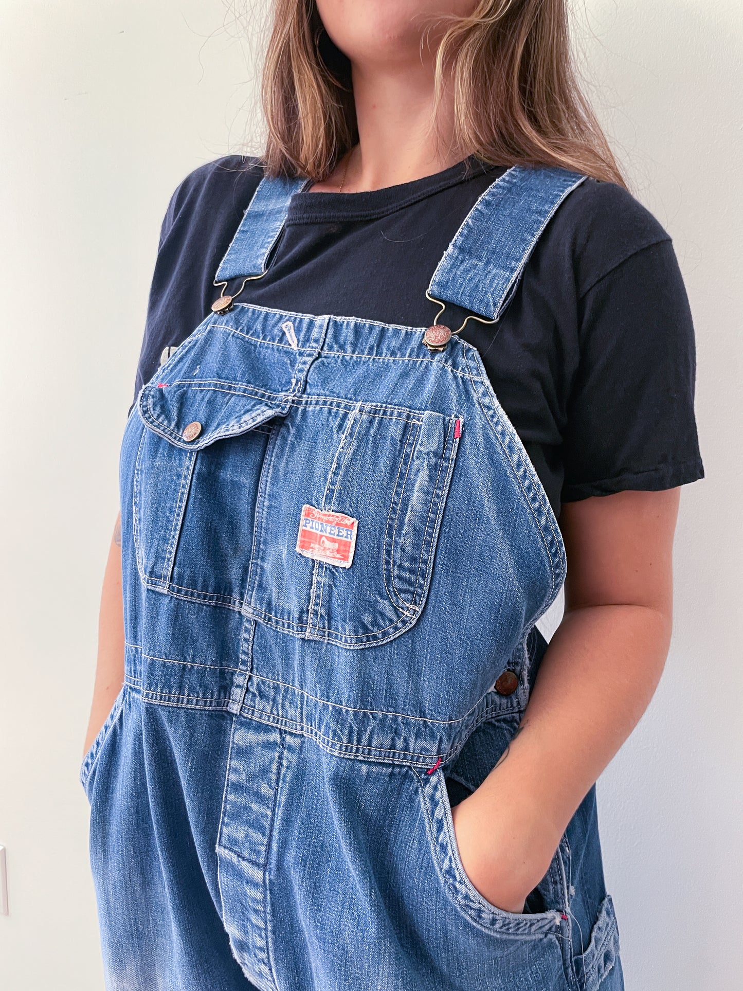 1930s - 1940s Vintage Pioneer Denim Patched Up Thrashed Overalls