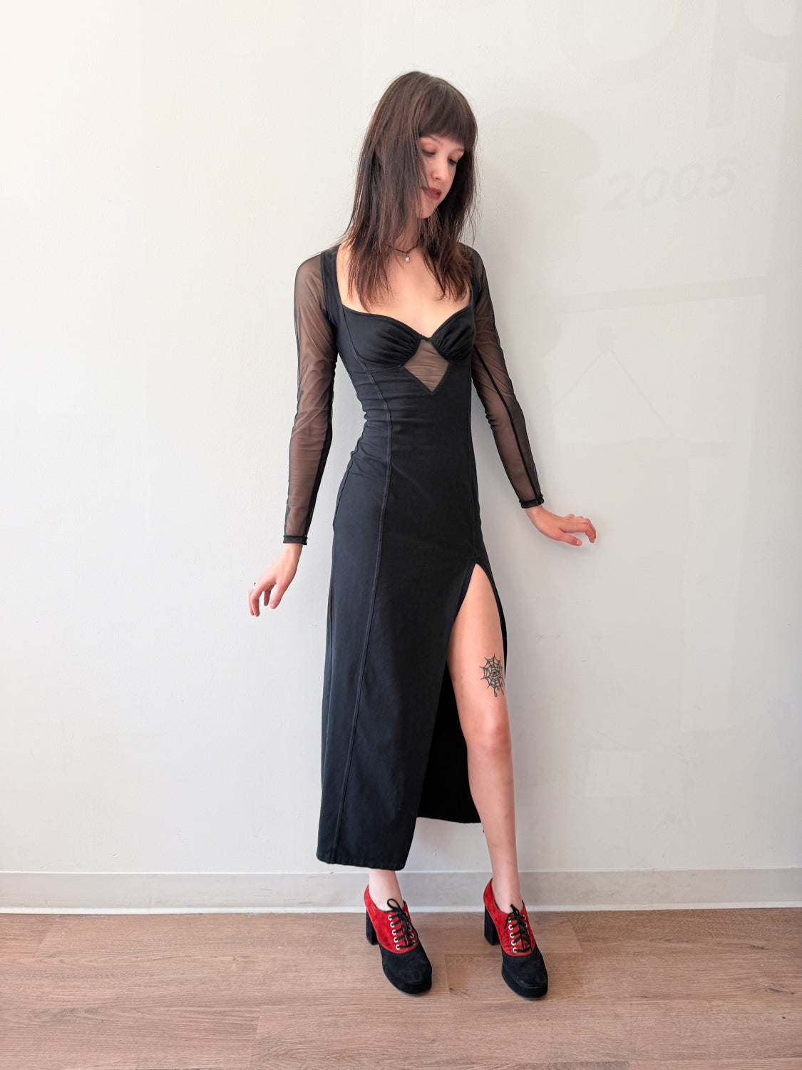 1990s Vintage Black Mesh Cut Out Body-con Maxi Dress