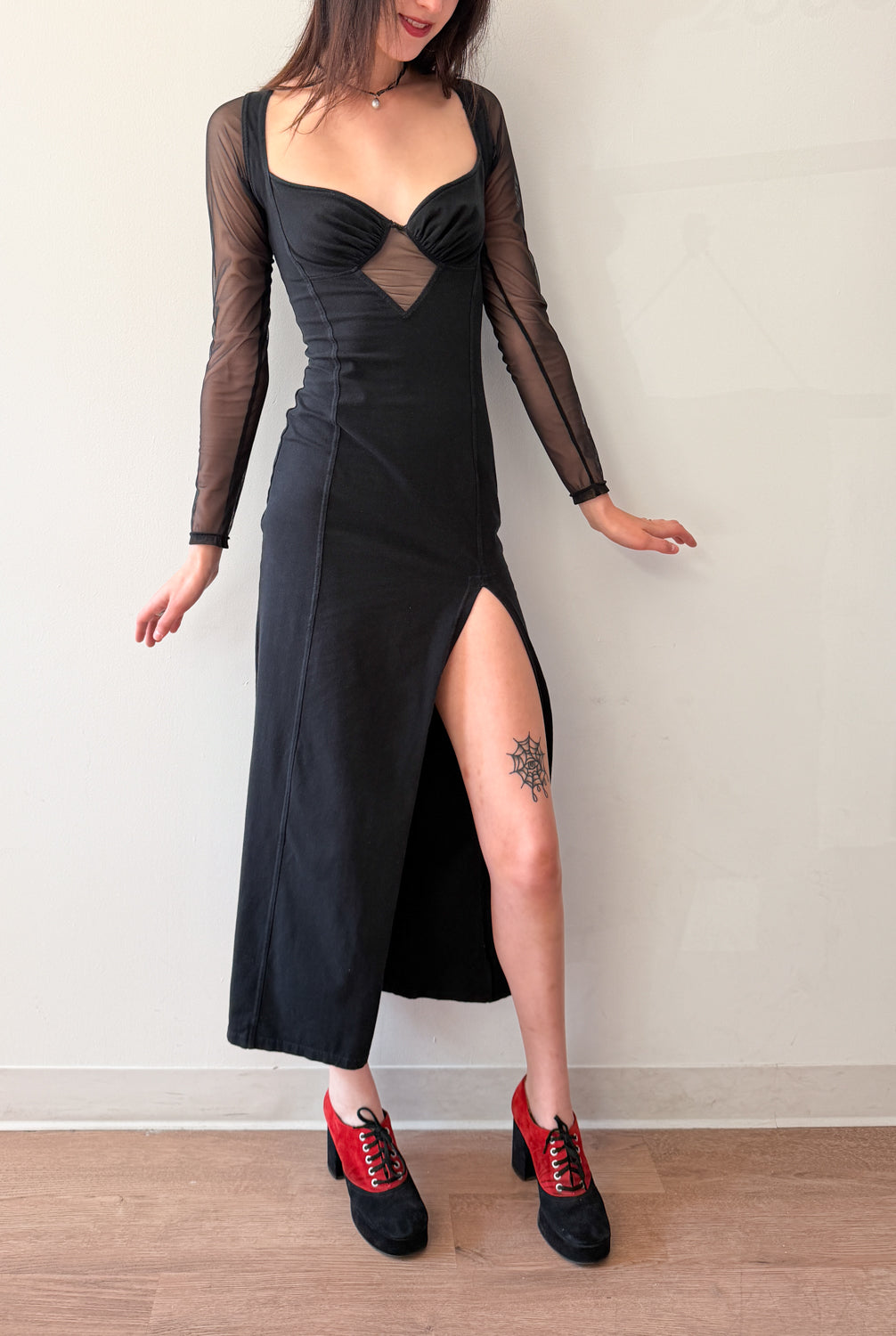 1990s Vintage Black Mesh Cut Out Body-con Maxi Dress